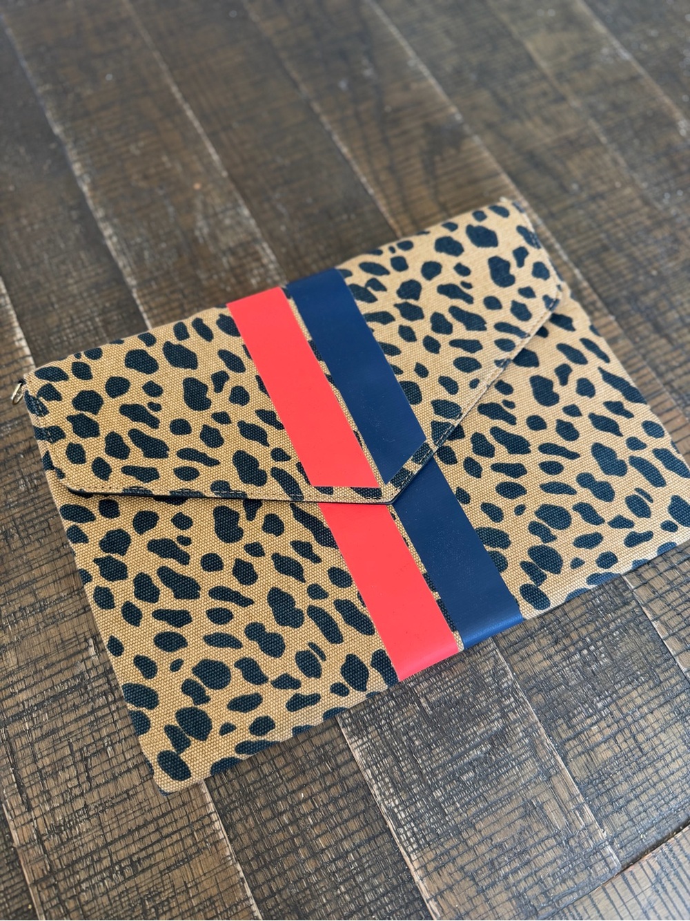Women's Leopard Print Envelope Clutch with Red and Navy Stripe